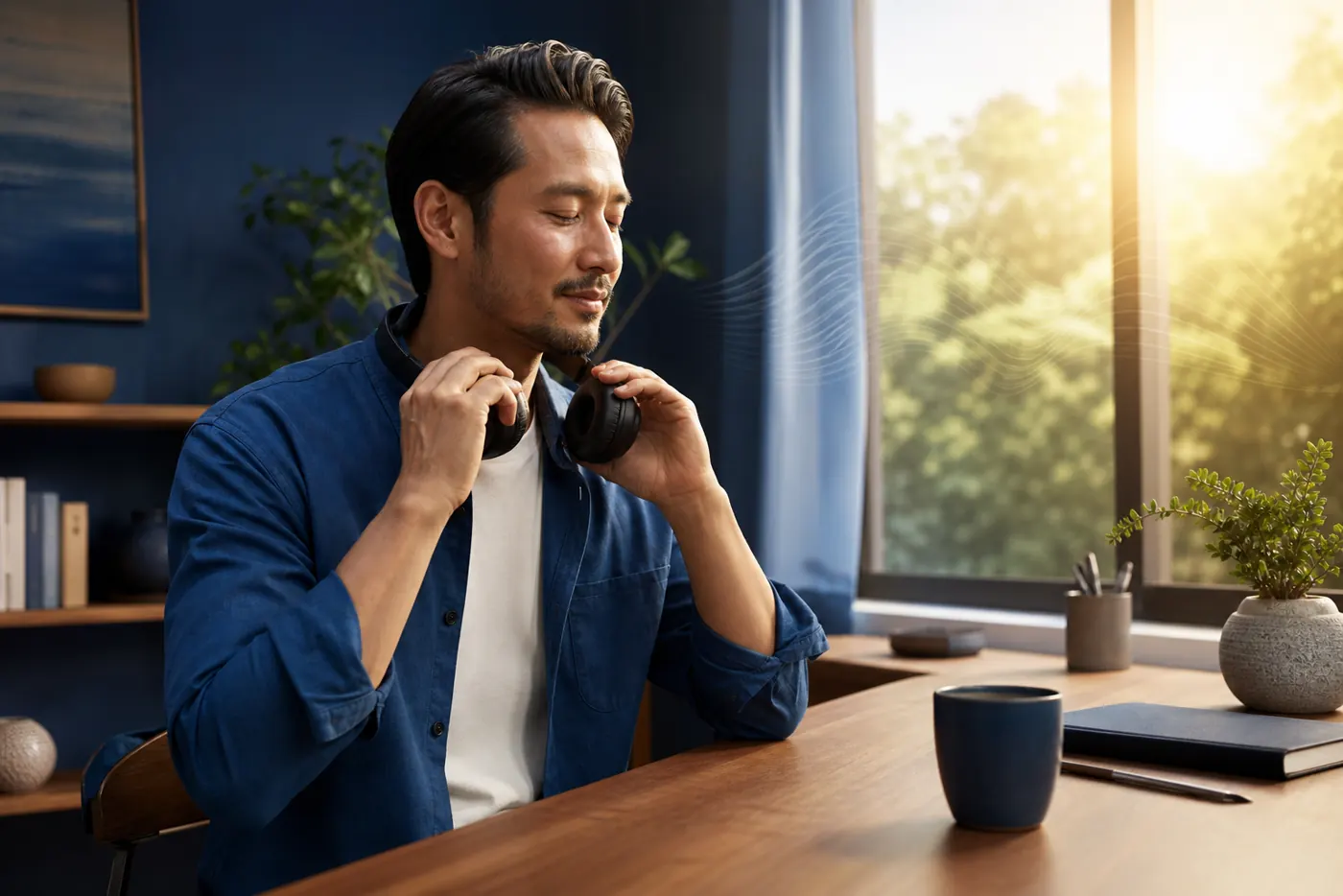 Adult finishing a calm headphone listening session in a sunlit workspace