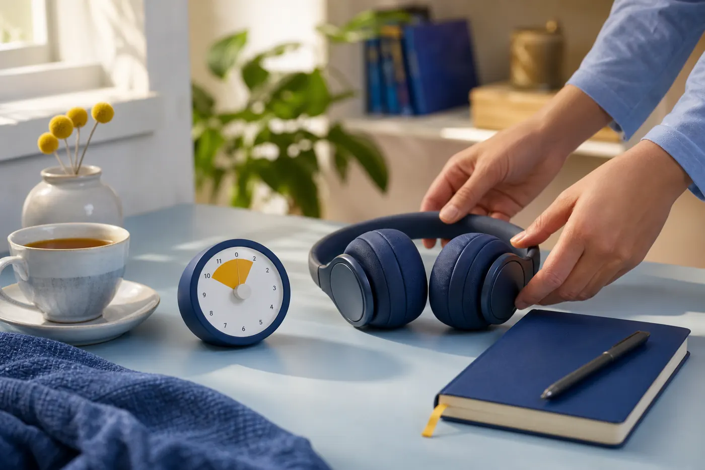 Headphones, analog timer and journal prepared for a short home listening session