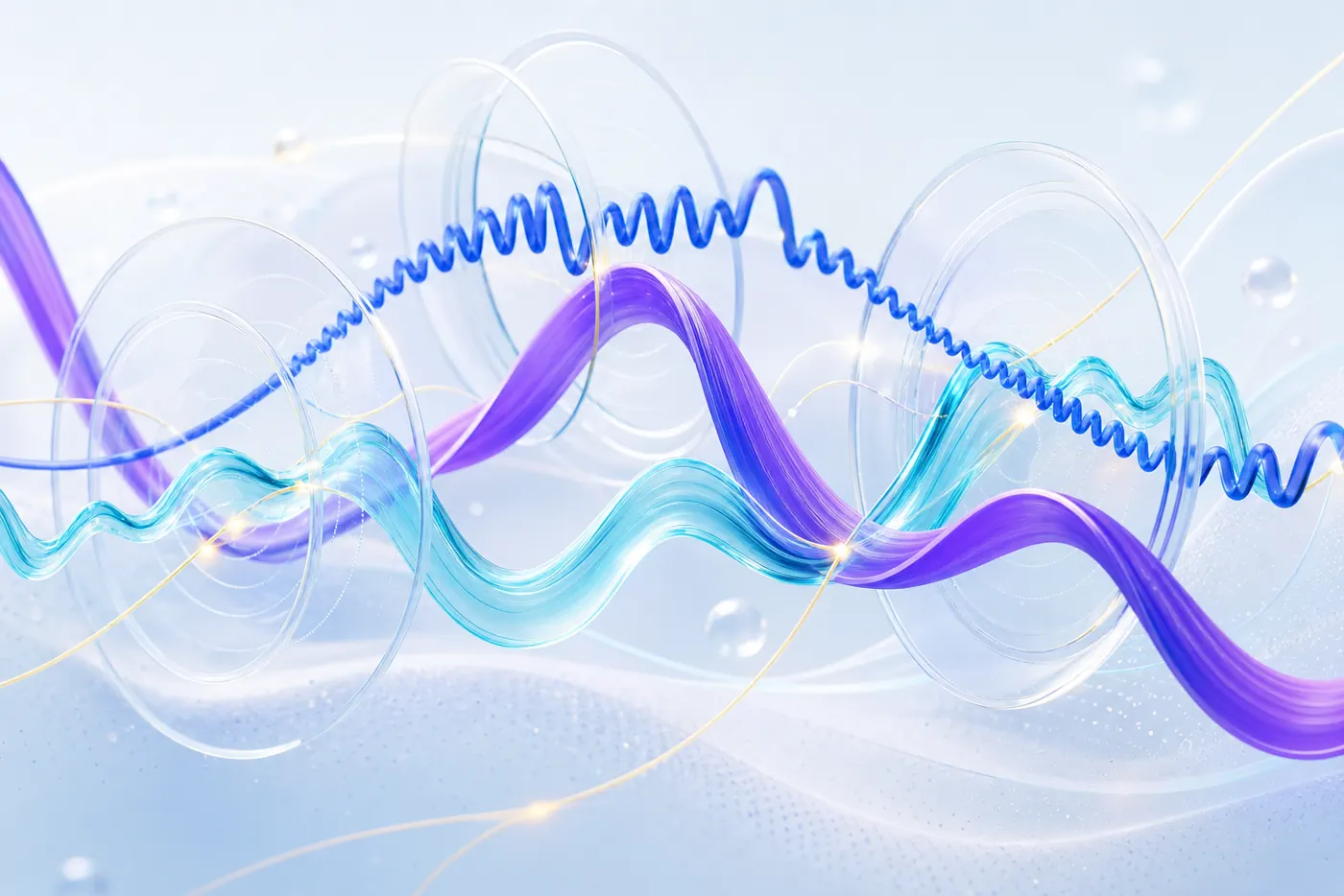 Abstract cobalt, violet and aqua sound ribbons representing three audio approaches
